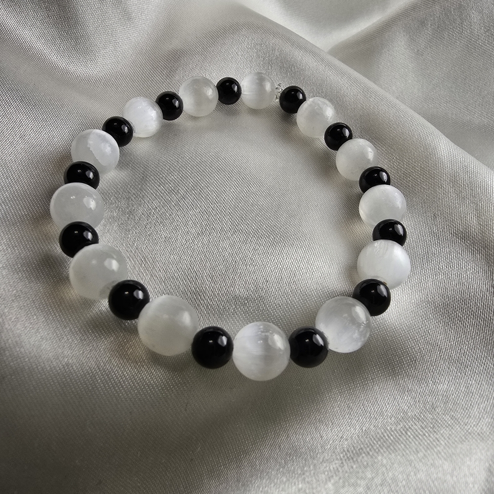 Selenite & Black Tourmaline Crystal Bracelet | Energy Cleansing & Shield